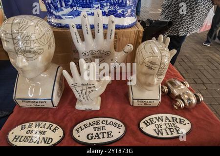 England, Kent, Maidstone, Lockmeadow Market, Antique Store display of Vintage Phrenology Head and Hand Busts Stock Photo