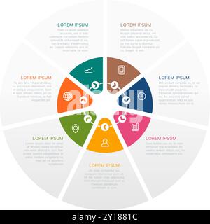 Circular infographic is divided into eight sections, each featuring an icon and a text description, providing a visual representation of various data Stock Vector