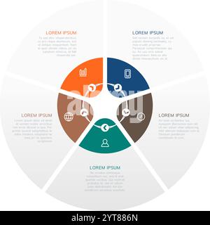 Colorful circular infographic template displays data divided into sections with icons and text, offering a visually appealing way to present Stock Vector