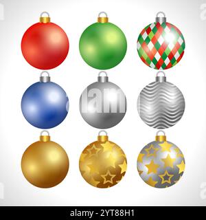 Set of Christmas cute 3 D style realistic colourful balls. Collection of holiday elements. Season's greetings graphic xmas icons Stock Vector