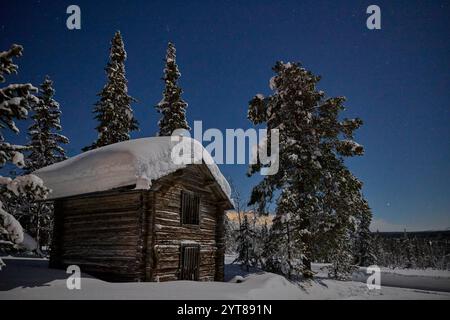 Europe, Finland, Winter, Lapland, Cabin, Night Stock Photo