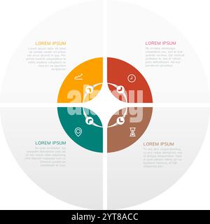 This colorful circular infographic presents data divided into four distinct sections, each featuring unique icons and accompanying text descriptions Stock Vector