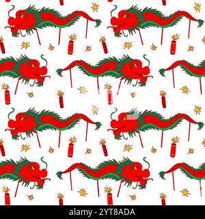 Lunar New Year seamless pattern. Street festival endless ornament. Firecrackers and dragon dance motif, Stock Vector