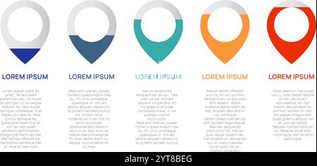 Five colorful location pin markers with sample text below, useful for infographics or website design, showing different percentages or progress levels Stock Vector
