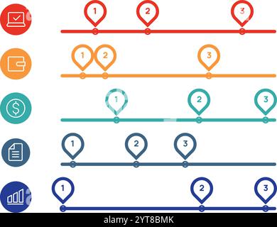 Vibrant infographic featuring a multi step process with numbered markers on timelines and icons representing various stages, perfect for visualizing Stock Vector