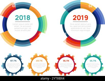 Circular infographic charts comparing data from 2018 and 2019, showcasing percentages, segmented designs, and colorful visual elements for data Stock Vector