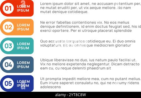 Five vibrant, numbered bullet points featuring example text, illustrating steps in a project or process, effectively conveying information in a clear Stock Vector