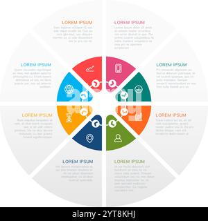 Colorful circular infographic presents data and information using distinct segments, each featuring icons and text descriptions, creating a visually Stock Vector
