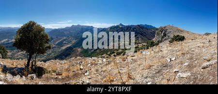 View of the Mediterranean landscape from the summit of Cerro Coros in the Sierra de Grazalema Nature Park, Andalusia, Spain. Stock Photo