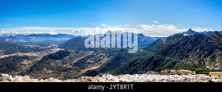 View of the Mediterranean landscape from the summit of Cerro Coros in the Sierra de Grazalema Nature Park, Andalusia, Spain. Stock Photo