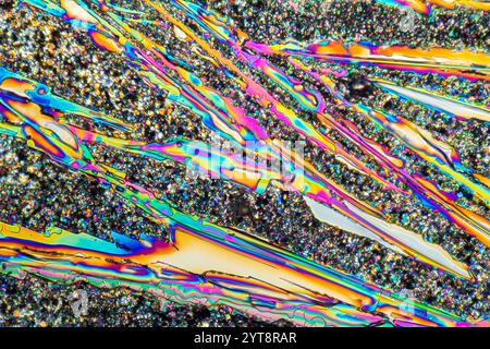 Colorful microscopic shot of sodium nitrate microcrystals in polarized light Stock Photo