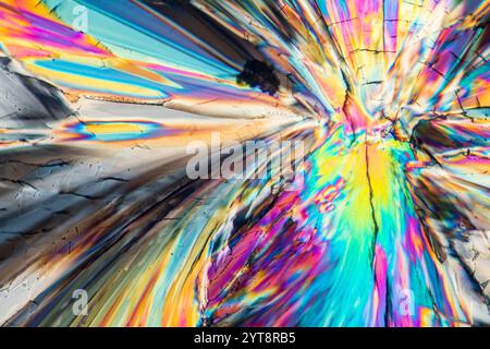 Colorful microscopic shot of sugar micro crystals in polarized light Stock Photo