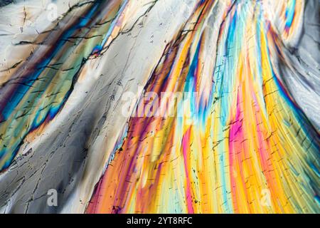 Colorful microscopic shot of sugar micro crystals in polarized light Stock Photo