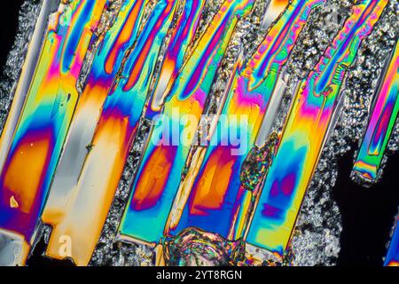 Colorful microscopic shot of sodium nitrate microcrystals in polarized light Stock Photo