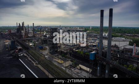 MAY 10, 2023 - GRANITE CITY, ILLINOIS, USA - aerial view of US Steel factory with smokestacks, Granite City, Illinois Stock Photo