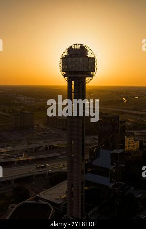 JULY 16, 2023, DALLAS, TEXAS - aerial view at sunset of Reunion Tower ...