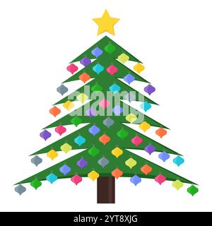Christmas tree with Christmas balls and a star on the top. Vector illustration. Stock Vector