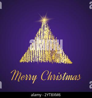 Gold glitter Christmas tree in sketch style on purple background. Happy new year card design. Vector illustration. Stock Vector