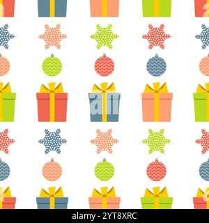 Christmas semless pattern with snowflake, christmas ball and gift box on white background. Vector illustration Stock Vector