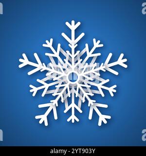 Paper cut snowflake. White snowflake on blue background. Christmas and New Year decoration elements. Vector illustration Stock Vector