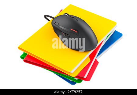 Stack of folders with computer mouse, 3D rendering isolated on white background Stock Photo