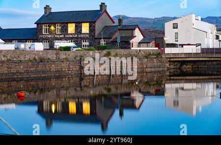 Ffestiniog Railway Harbour Station on the river Glaslyn in Porthmadog, Gwynedd, North Wales. Taken in November 2024. Stock Photo