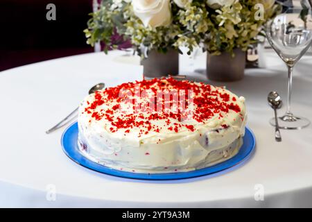 Traditional and delicious red velvet cake isolated on blue plate Stock Photo