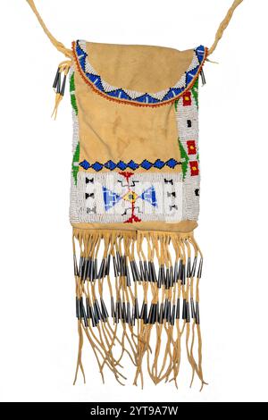 North American Indian bag. Made from deerskin, embroidered with colorful glass beads and leather cords, isolated on white Stock Photo