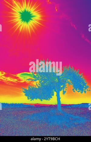 Pop Art - Sunbeams over the blue tree Stock Photo
