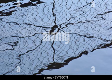 Reflection of a bridge railing in a canal Stock Photo