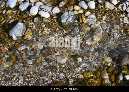 Water flows over the pebbles on a gravel bank of the Isar Stock Photo