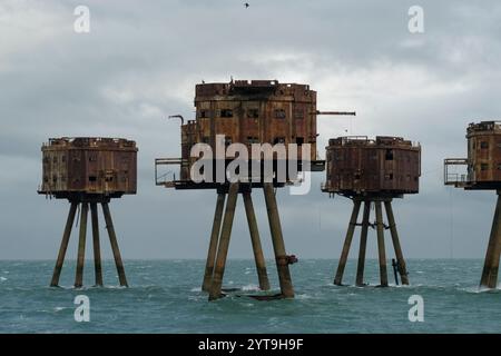 Red Sands sea forts shot on an overcast and rainy day, designed by Guy Maunsell to defend London from air strikes during the Second World War. They we Stock Photo