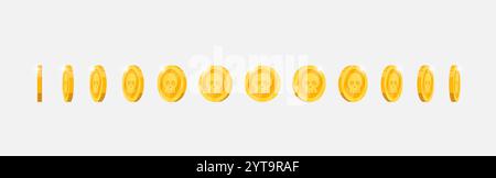 Gold coin spinning in varied directions for video game animation. Metallic currency with skull design rotates dynamically. Achievement icon in motion. Flat 3D style asset for gaming visuals Stock Vector