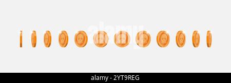 Dynamic rotation of bronze coin with skull emblem for video games. Metal achievement marker turns at multiple angles. Flat 3D asset for game or app motion graphics Stock Vector