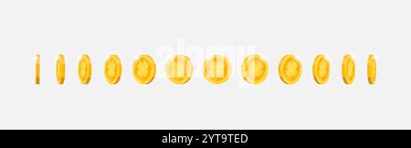 Dynamic rotation of gold coin with four leaf lucky clover emblem for video games. Metal achievement marker turns at multiple angles. Flat 3D asset for game or app motion graphics Stock Vector