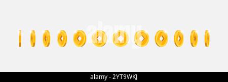 Spinning gold currency with Chinese lucky symbol with square hole for video games. Metallic token rotates fluidly at different perspectives. Flat 3D achievement marker in dynamic motion Stock Vector