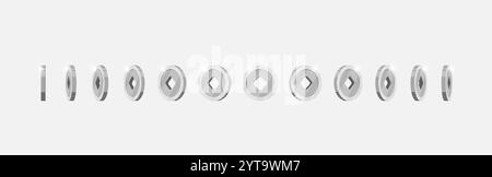Silver coin featuring Chinese lucky symbol with square hole image in continuous rotation for game animations. Metallic token turns smoothly in multiple views. Flat 3D object for dynamic gaming visuals Stock Vector