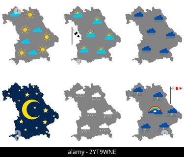 Maps of Bavaria with various weather symbols Stock Photo