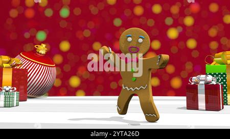 Happy dancing Gingerbread man on white surface with gift boxes against defocused red lights background. funny and sweet cookie boy dancing for holiday Stock Photo