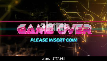 Game Over text image over abstract digital background with Please Insert Coin message Stock Photo