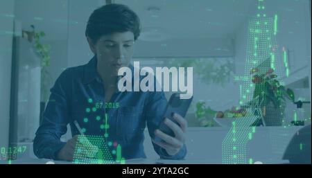 Analyzing financial data image over person using smartphone and writing notes Stock Photo