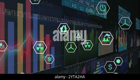 Image of network of eco icons and data processing Stock Photo