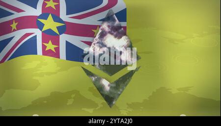 Niue flag with Ethereum logo image over yellow background with map Stock Photo
