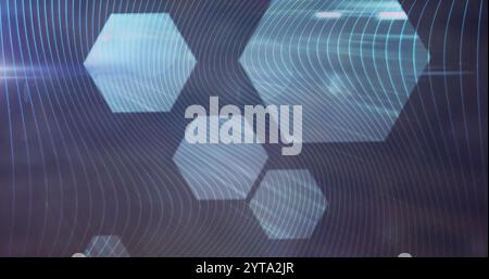 Hexagonal shapes and wavy lines image over abstract blue background Stock Photo