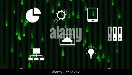 Technology icons including pie chart and light bulb over binary code image Stock Photo