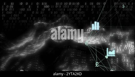 Binary code and financial symbols image over digital world map Stock Photo
