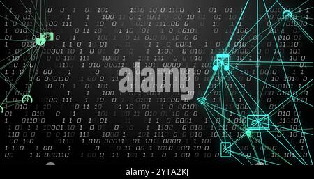 Binary code and network connections image over dark background Stock Photo