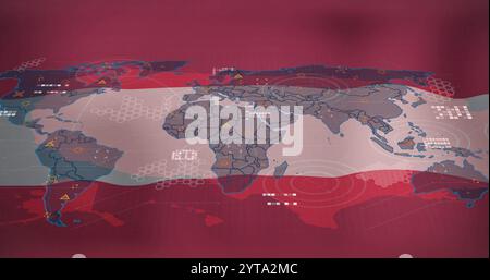 World map with data points and connections image over flag of austria Stock Photo