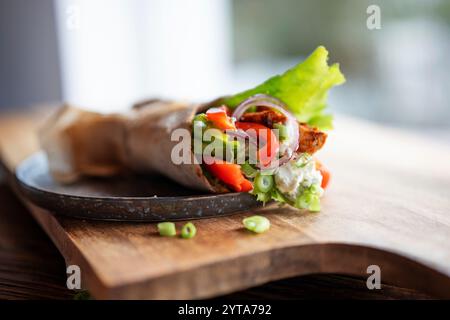 Tortilla wrap with fresh vegatables and fried chicken meat on a plate. Background concept with for healthy nutrion. Short depth of field. Stock Photo