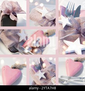 Collage Table decorations in pastel colors with stars and a heart for Christmas and New Year Stock Photo